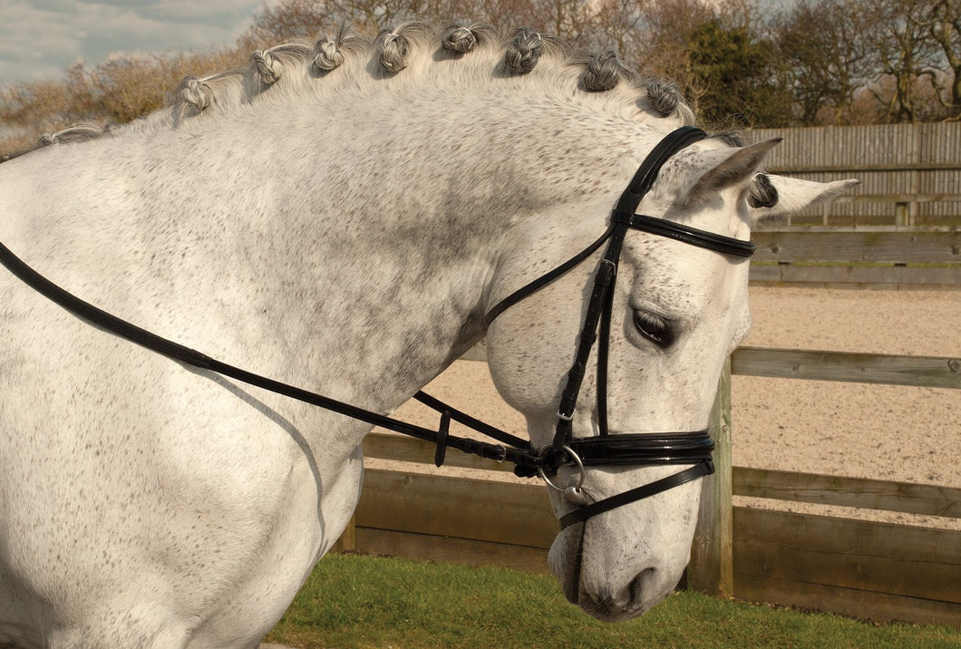 Rhinegold German Leather Patent Nose And Browband ‘Comfort’ Bridle With Flash Noseband
